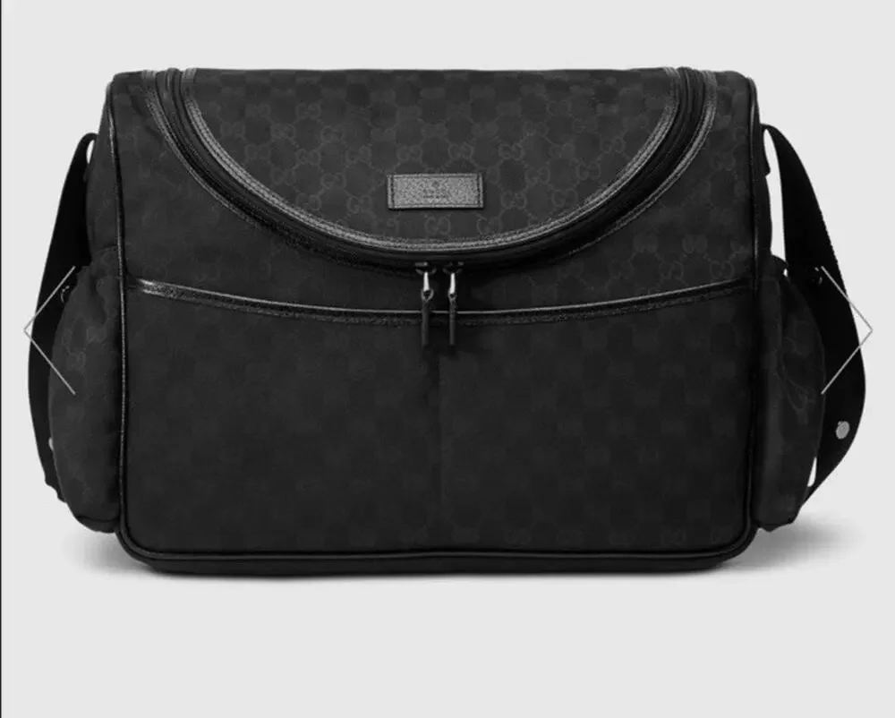 Gucci GG Black Diaper Nappy Baby Bag Canvas/Leather Trim w/Changing Mat Lsaja